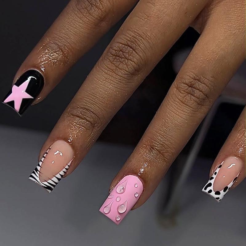 

French Pink Star Cow Print Press-On Nails