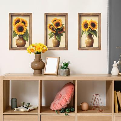 3 Pezzi Cornice Portafoto in Legno Vaso Girasole Camera da Letto Soggiorno Casa Sfondo Abbellimento Adesivi Murali