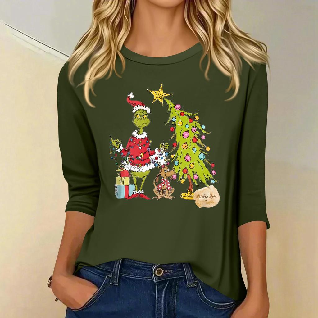 3/4 Sleeve Tops For Women T-Shirt Casual Christmas Print Tops T Shirt Round Neck Pullover Blouse