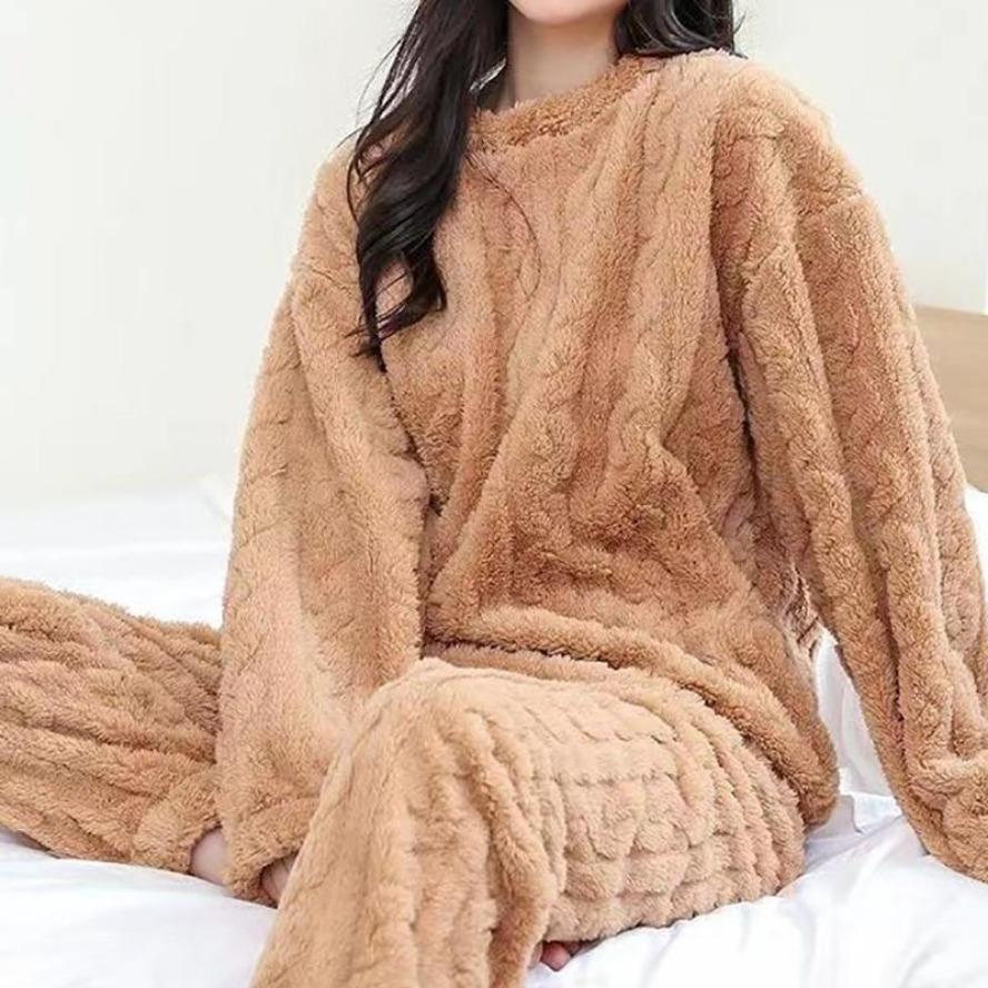Autumn Women Solid Color Warm 2 Piece Sets Insulated Velvet Ribbed Fleece Pullover and Pants Set Female Casual Pajama Sets