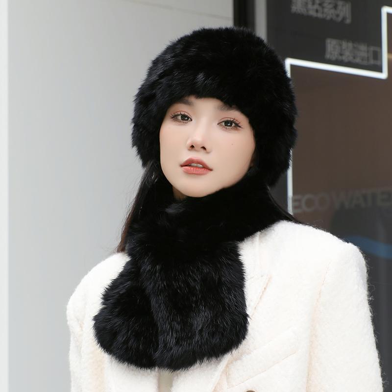 2024 New Winter Hat Women's Rabbit Hair Warm Ear Protection Pineapple Hat Dome Fashion Versatile Mom Hat Set