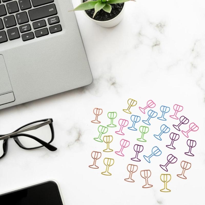 30Pcs Wine Glass Shape Paper Clip Small Metal Paper Clamp File Organiser Clip Metal Book Marker Clips for Office School