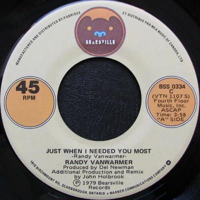 7inch Record RANDY VANWARMER  Just When I Needed You Most  Your  BSS0334 BEARSVILLE 1979 Canada Jazz Used