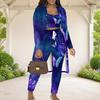 Women Plus Size Butterfly Printed Three Piece Set Long Sleeve Open Front Cardigan Crop Top Long Pants