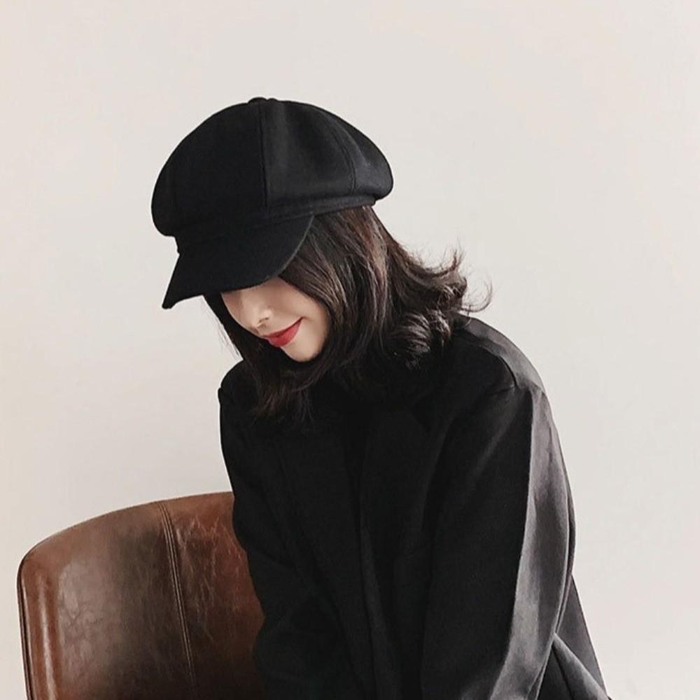 Solid Color British Berets Ear Protection Artist Hat Elegant Woolen Octagonal Hat  Girl
