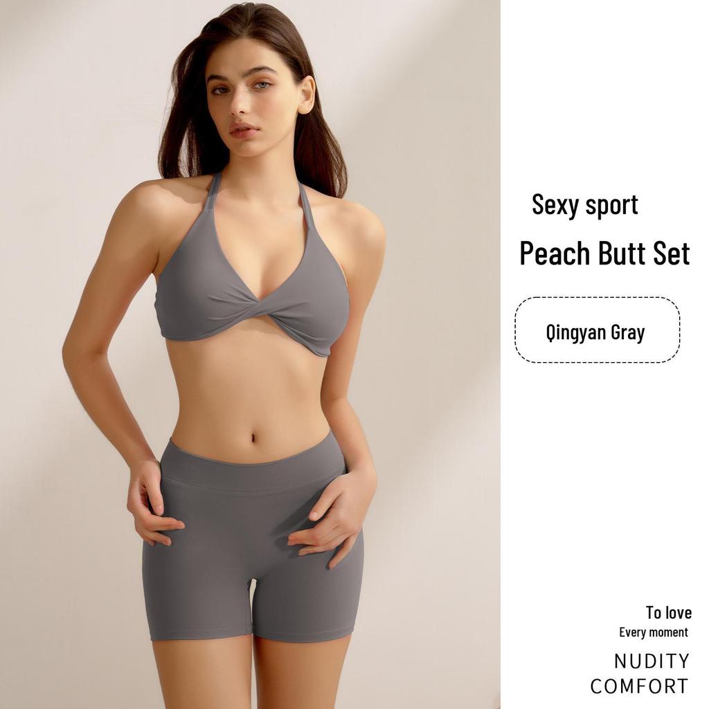 Women's Peach Hip-Lifting Yoga Set: Cross-Back Strap, Three-Quarter Pants, Two-Piece Fitness Outfit.