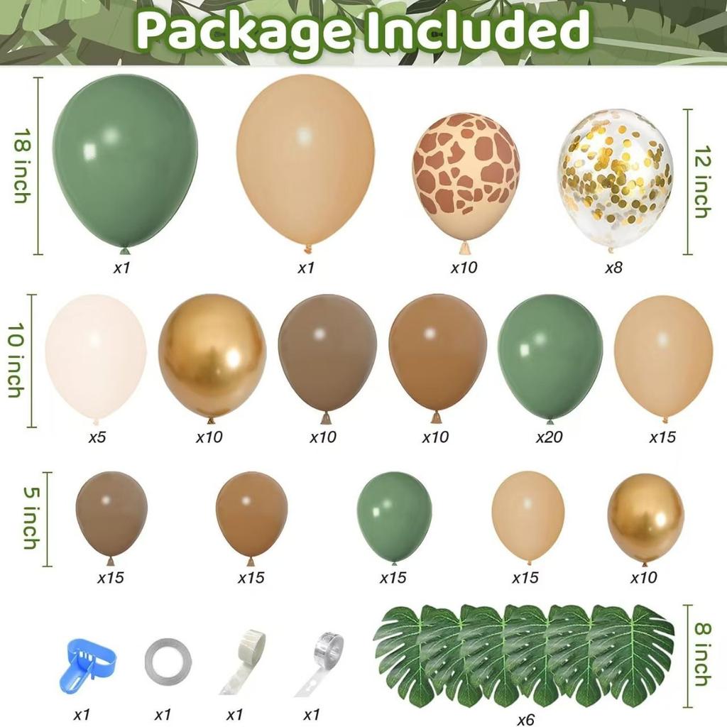 170-Piece Jungle Balloon Wreath Set, Baby Shower Decoration Grey Green Brown And Animal Printed Balloon Brown