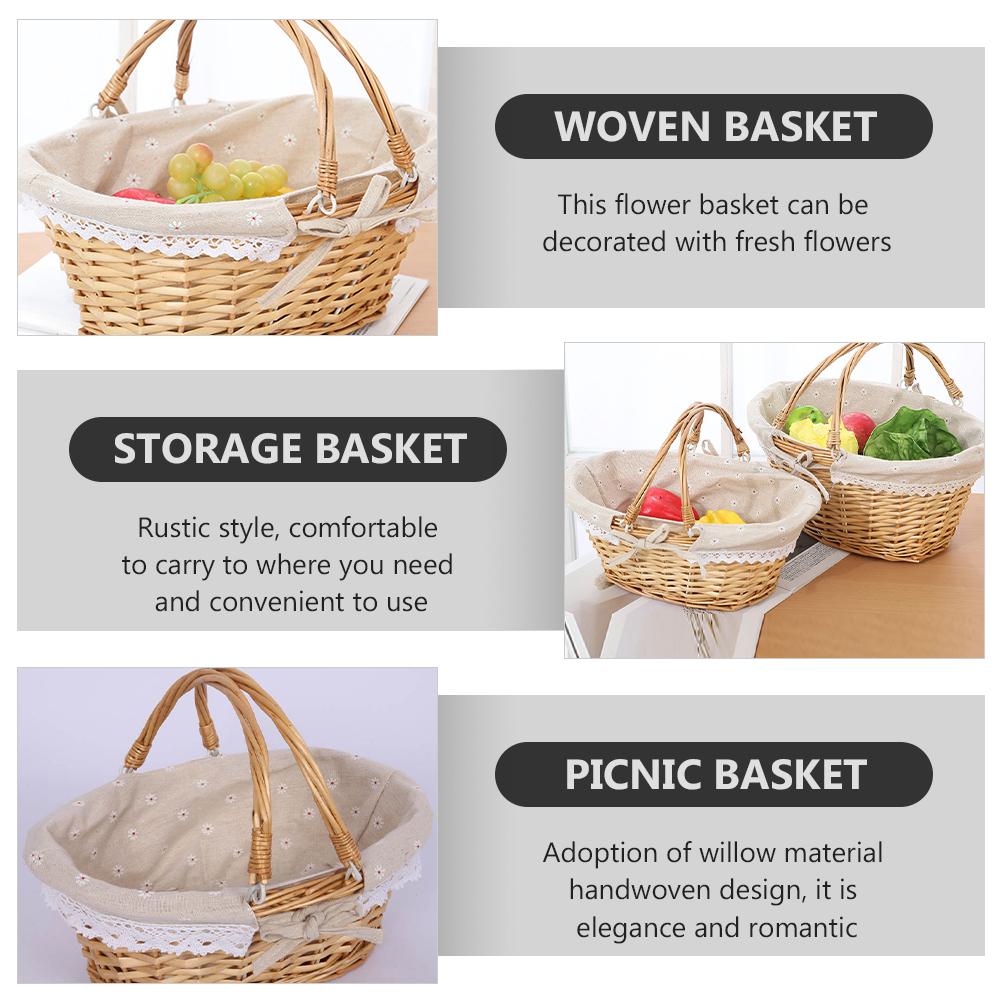 Weißer Rattan-Geflechtkorb Blumenkorb Ostergeschenk Mit Griff und Stoffeinsatz Obst Gemüse Brot Haushaltswaren Aufbewahrung