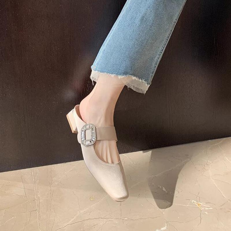 (No Replenishment) Sparkling Diamond Buckle Square Head with Low-heeled Baotou Half Slippers Women
