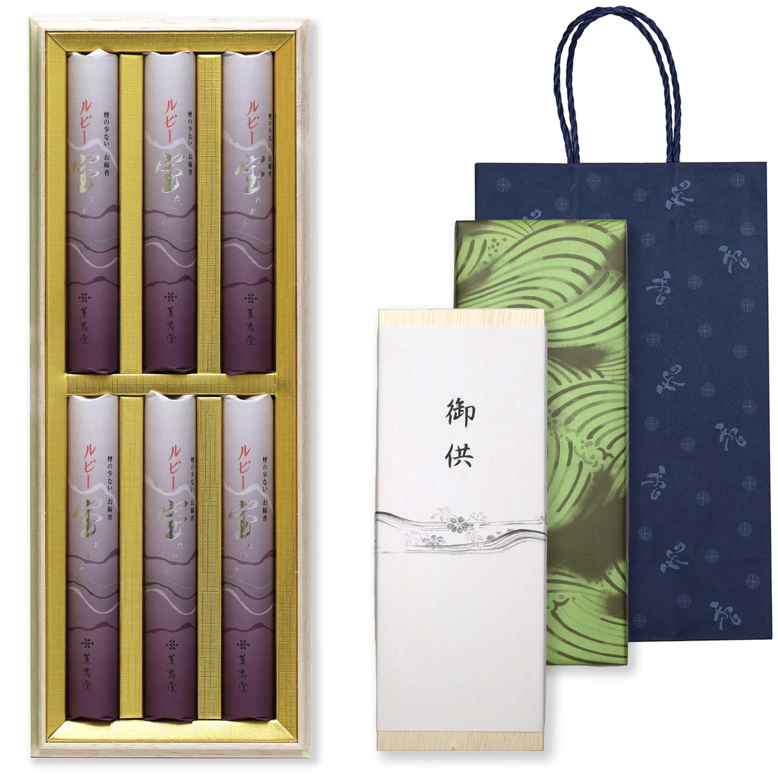 

Sympathy Incense Gift Set in a Wooden Box [Treasure Ruby and Sandalwood with Inner Wrapping and Carry Bag] Made in Japan, Low Smoke, Perfect for