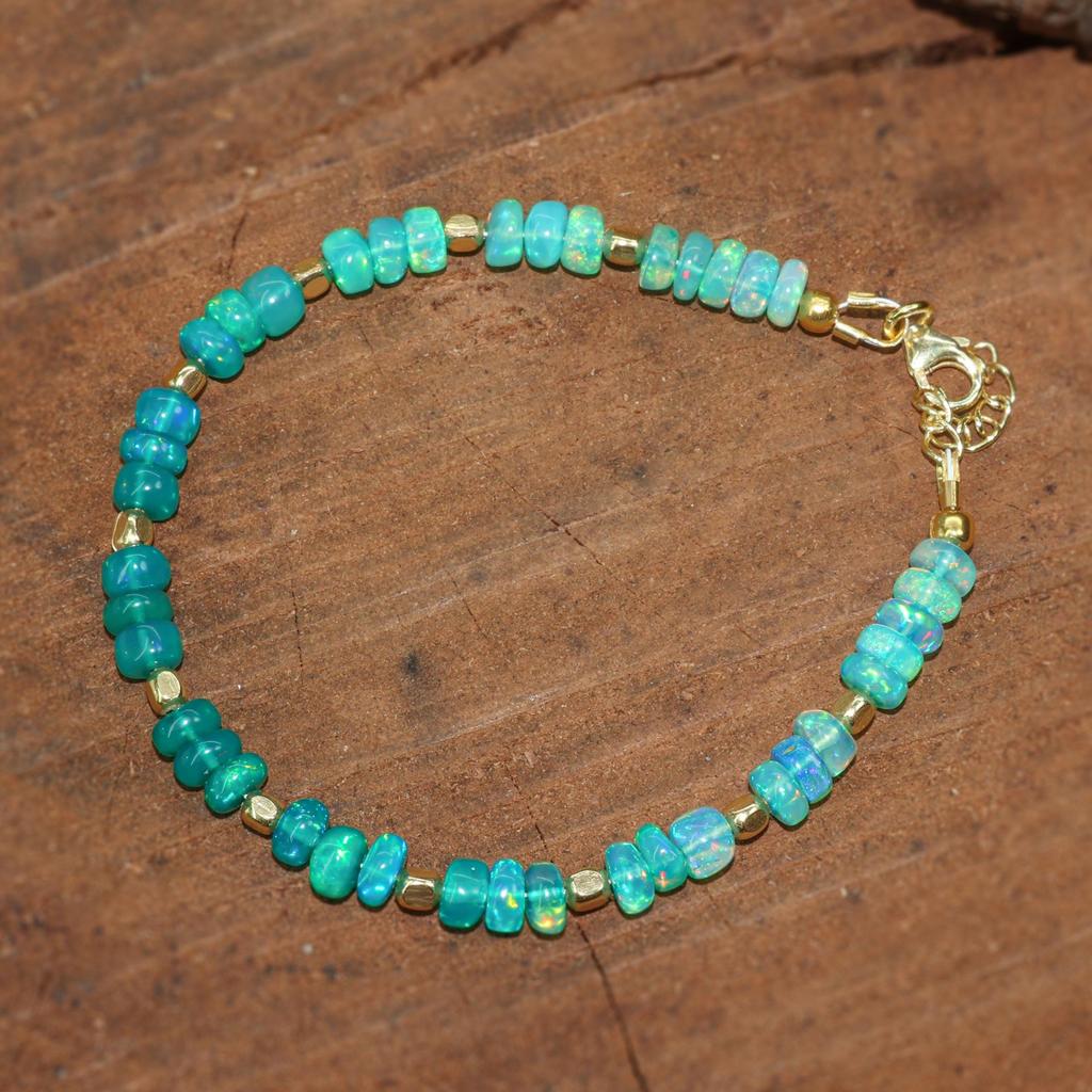 Fire Green Shaded Opal Three Beads Dainty Bracelet, Natural Opal Beaded Bracelet, Opal Birthstone Bracelet, Opal Gold Bracelet, Gift for Mom