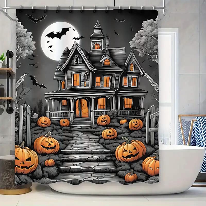 1Pcspooky Haunted House Halloween Bathroom Curtain For Kids Girls Room Decor Scary Backdrop