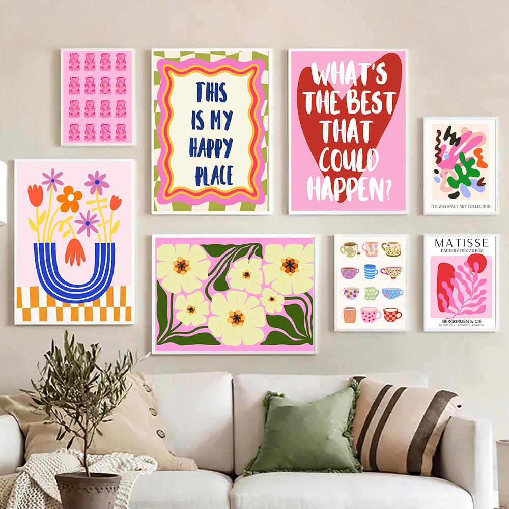 Colorful Pastel Canvas Painting Aesthetic Posters Pink Bear Abstract Art Flower Butterfly Prints Wall Nursery Living Home Decor
