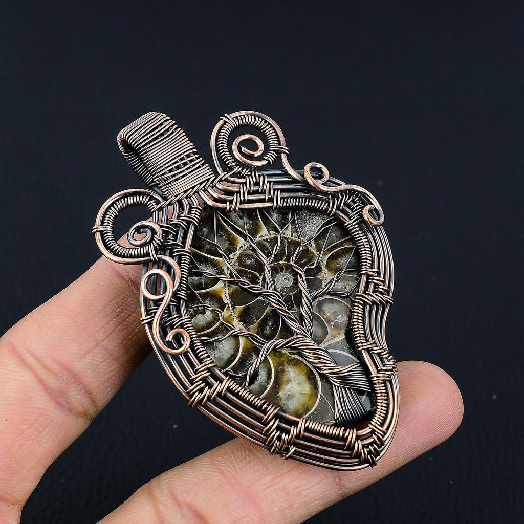 Ammonitfossil 999 Koppartrådsinlindad Hänge, Handgjort Ädelstenssmycke Hänge För Memorial Day