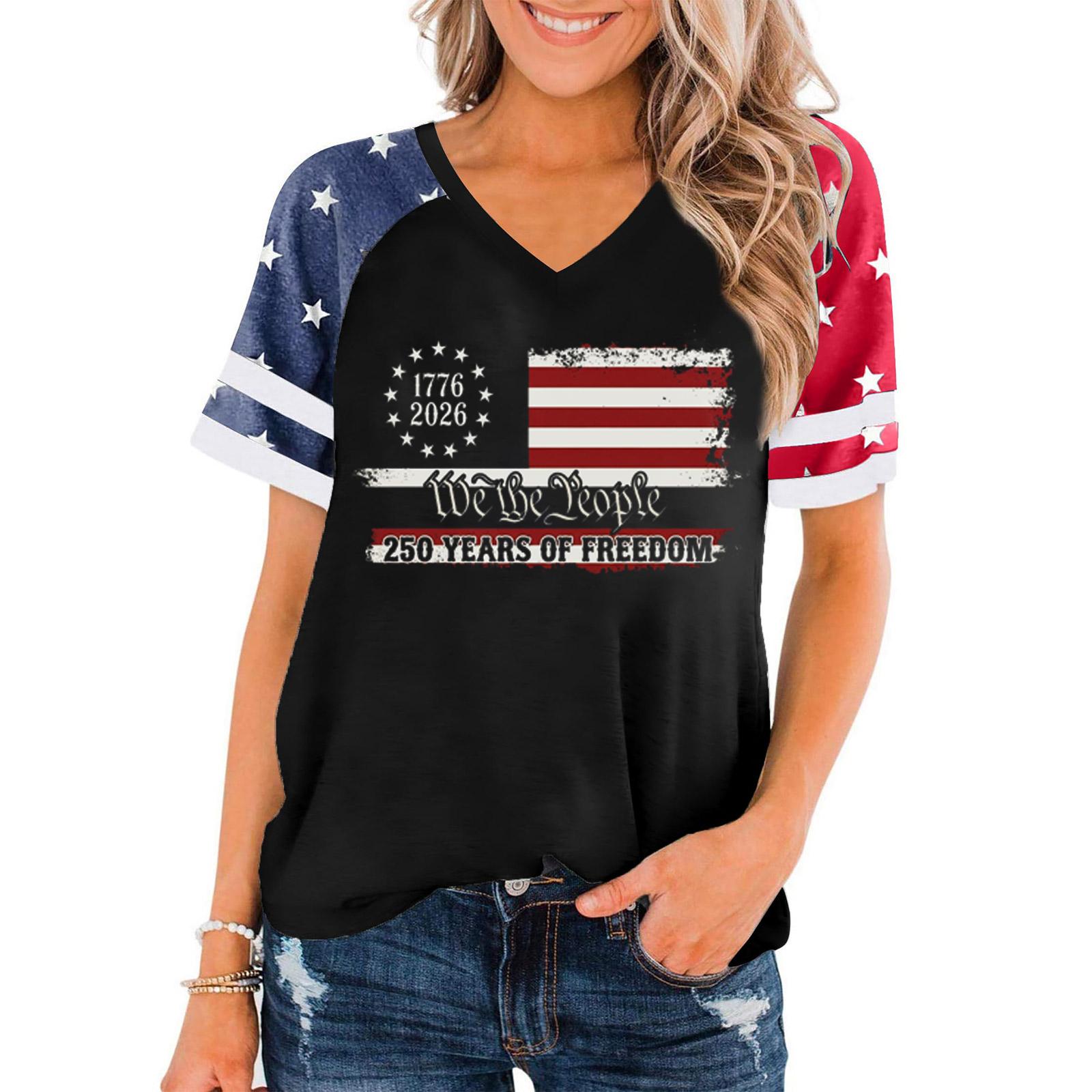 

Women V Neck Short Sleeve Pullover T Shirt Casual Loose Fit Patriotic Graphic Tee for Independence Day Celebration and Everyday Wear S чёрный