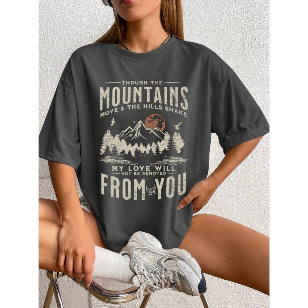 T-shirts en Coton pour Femme Printemps Montagnes Coucher de Soleil Imprimés Manches Courtes T-shirts Mode Vêtements Féminins Confortables Doux Tops Street