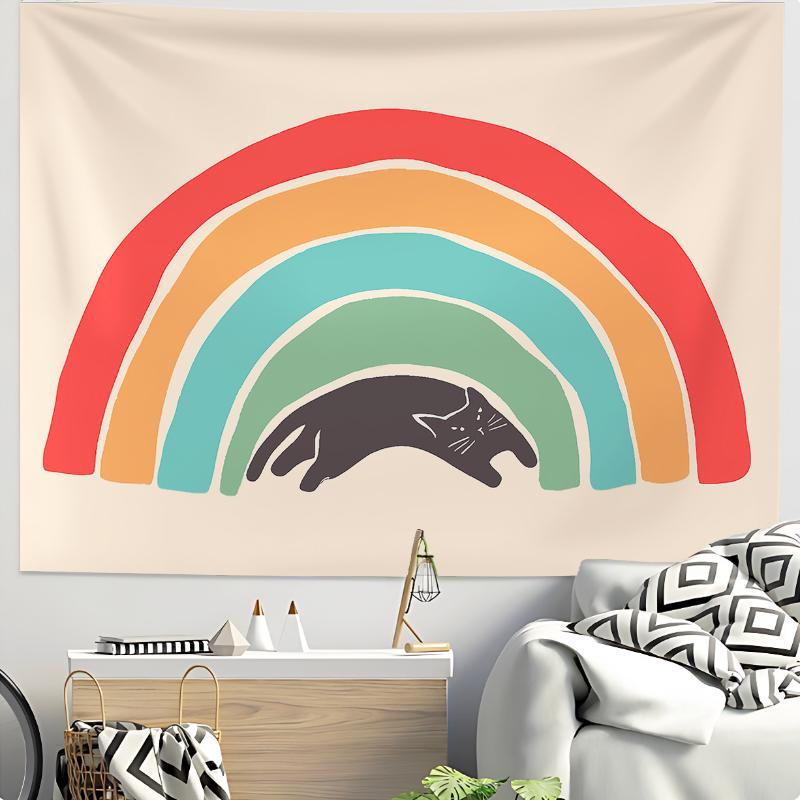 Rainbow Cat Tapestry Boho Aesthetic Wall Hanging for Bedroom Living Room Dorm Minimalist Kids Home Decor
