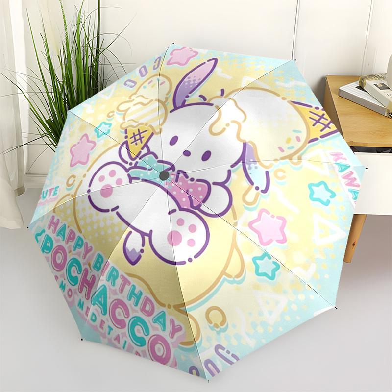 1pc Pochacco Happy Birthday Edition Automatic Folding Umbrella - Cute Kawaii Design with Ice Cream Cone, Perfect Gift for Fans and Travelers.A040