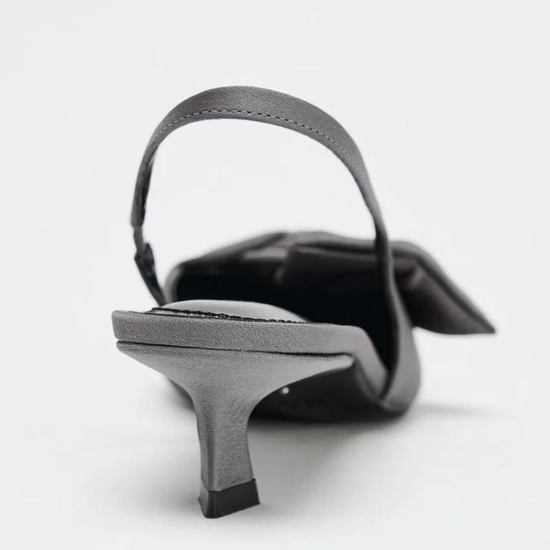 Fashion Elegant Gray Kitten Heel Slingback Strap Pumps Women Sexy Pointed Toe Satin Knot Heeled Sandals Fashion Office Designer Shoes