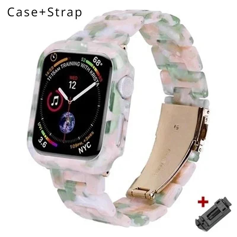Etui+Pasek z Żywicy do Apple Watch Series 9 41mm 45mm Pasek 38 40mm Pokrowiec Damska Bransoletka do iWatch 8 7 6 SE 5 4 42 mm 44mm Correa