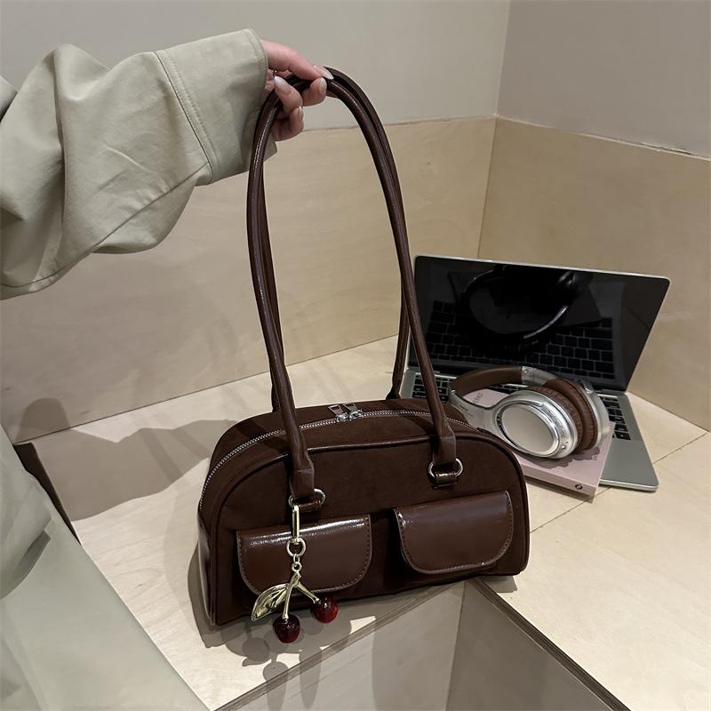 Korean version popular retro double pocket new simple large capacity casual bowling single shoulder underarm bag women