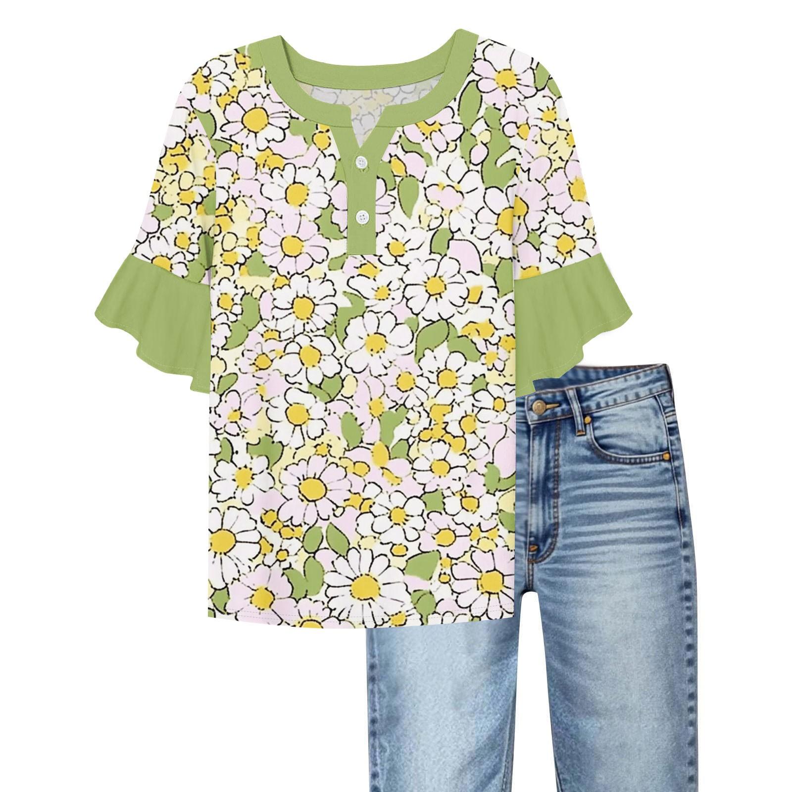 

Women s Casual Fashion V-neck Ruffled Sleeves Loose Versatile Color Short Sleeves L