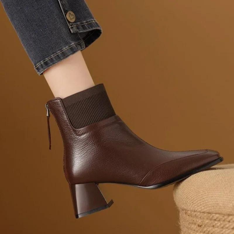 Fashion Brown Retro Fashion Thick Heel Square Toe Short Boots 2025 Women's Autumn and Winter Knitted Yarn Mouth Fashion Slim Boots