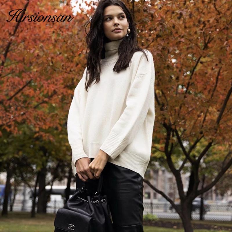 Hirsionsan Turtle Neck Solid Cashmere Sweater Women Elegant Soft Warm Female Knitted Pullovers Basic Loose Female Jumper