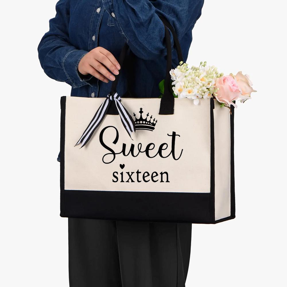 Sweet Sixteen Tote Bag Canvas Bag Celebration Sweet 16 Birthday Party Decoration Supplies Gift for Daughter or Women Souvenirs