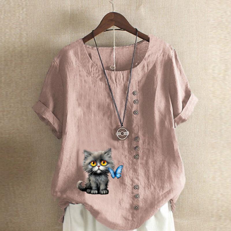 Damenmode Katzen und Interaktion Bedrucktes Kurzarm-T-Shirt Locker Baumwollhemd Lässig Locker Sommerbluse Tops Übergröße