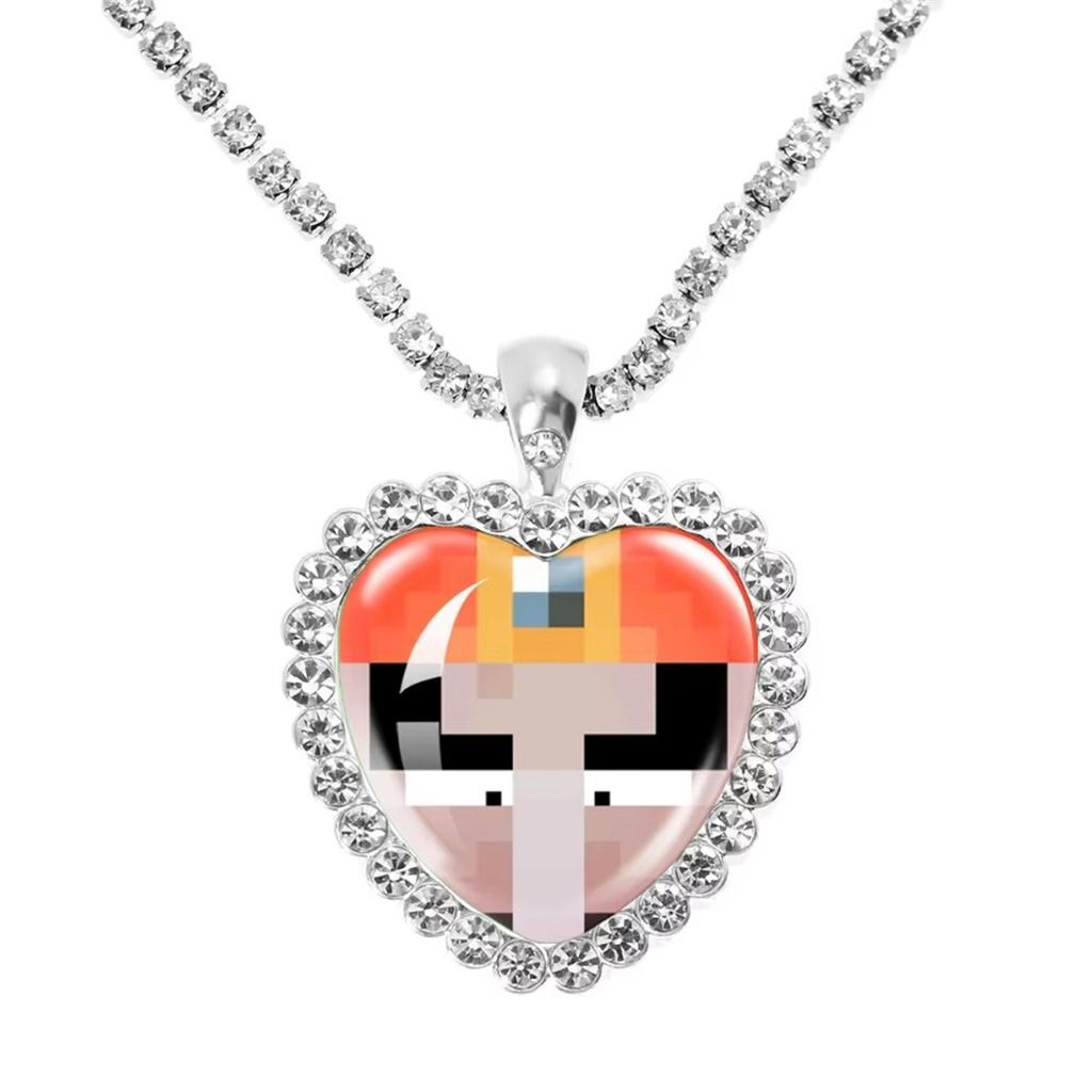 Fun Pixel Block-themed Heart Necklace Accessories, Heart Pendant, Sweater Chain, Rhinestone Necklace