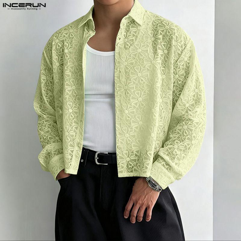 INCERUN Men Lapel Neck Long Sleeve Button Up Lace Casual Oversized Shirts Tops