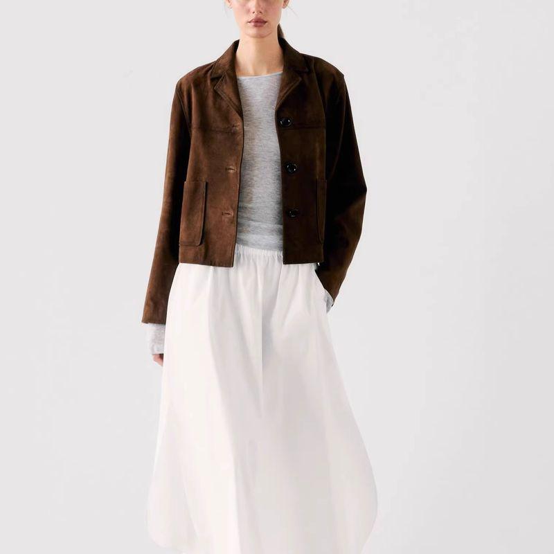 Spring New Women's Fashion Old Money Style Accessible Luxury Fancy Brown Suede Leather Short Leather Jacket 4716826