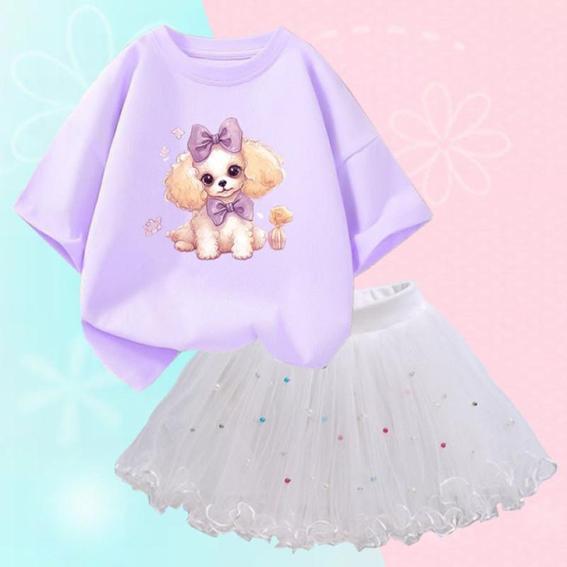 Summer Girls Cute Dog Print T Shirt & Tutu Skirt Two Piece Outfits Party Birthday Christmas Clothes 2-12Y