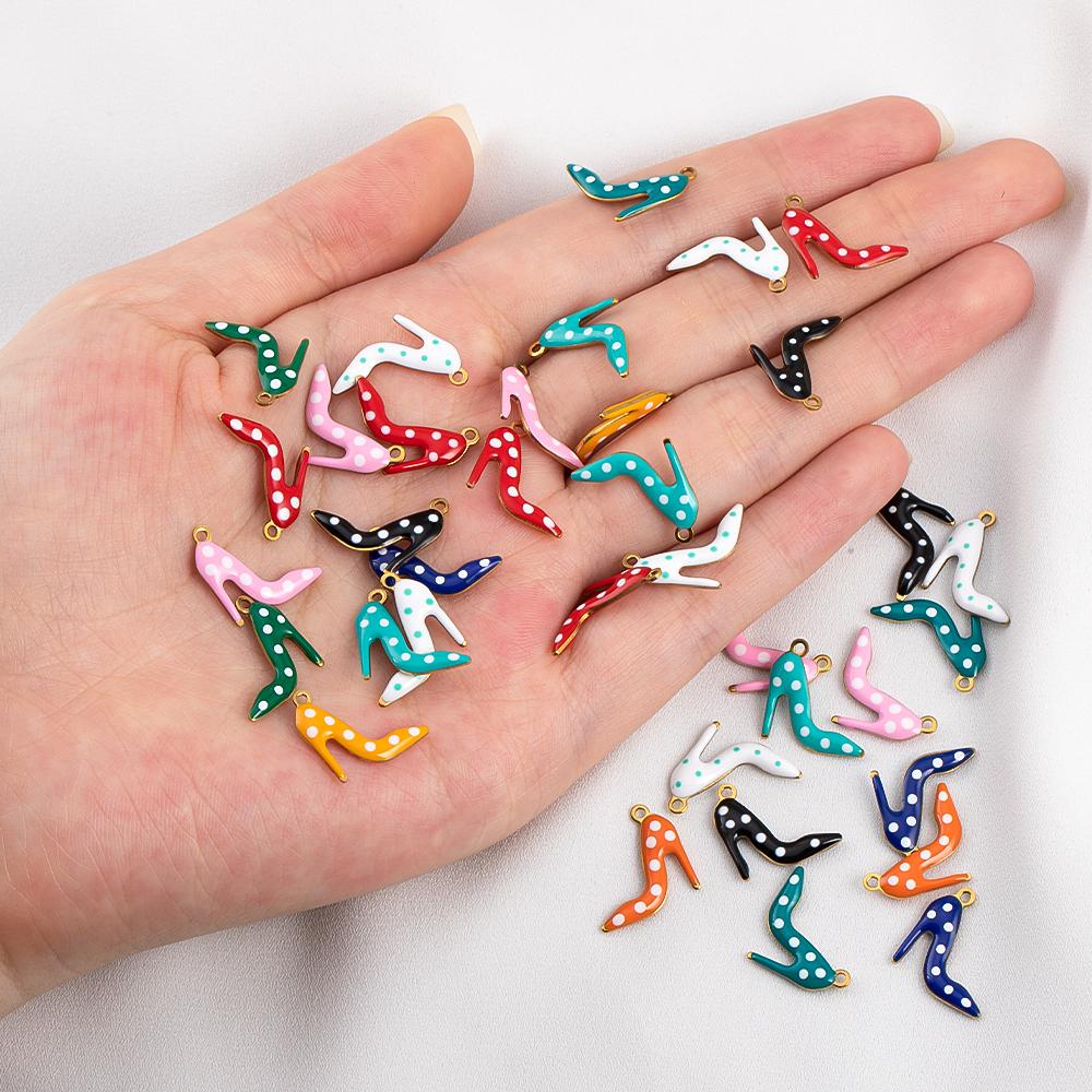 10pcs 304 Stainless Steel Double-Sided Enamel High Heel Pendant With Polka Dots Fashion Versatile DIY Necklace Jewelry Finding