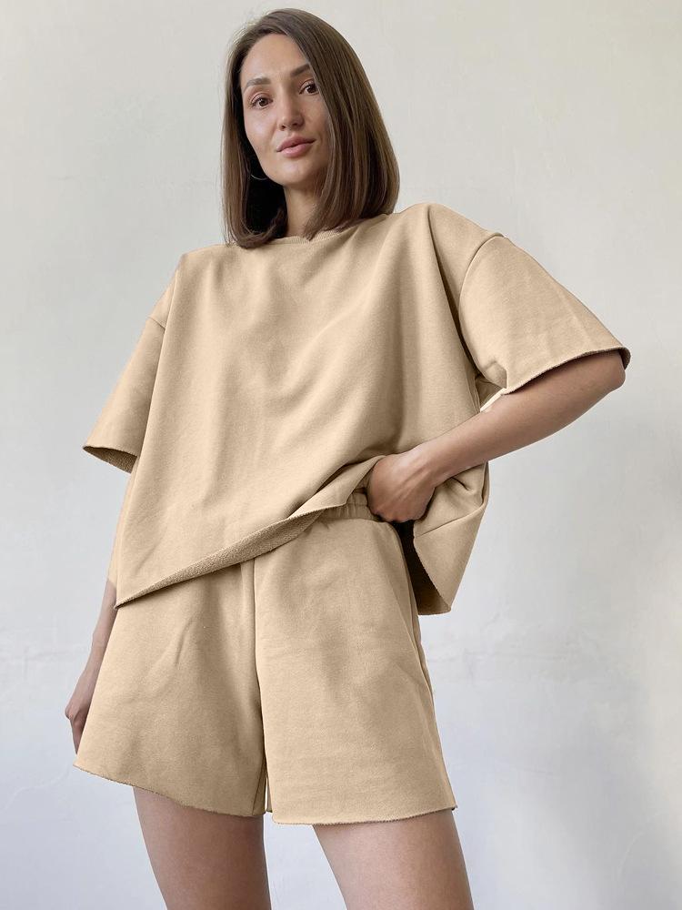 Women's 2026 Spring Summer Cotton T-Shirt and Shorts Set Crew Neck Loose Pullover Casual Two Piece Outfit