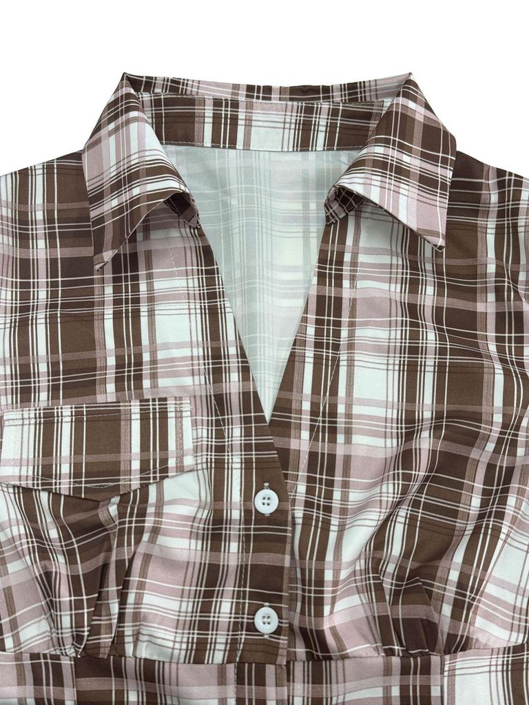 Women's Plaid Lapel Cropped Shirt, Slim-Waist Retro Streetwear for Summer