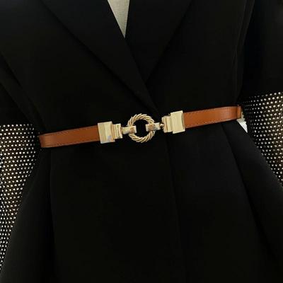 Elegant Women's Thin Leather Belt with Gold Buckle - Versatile for Dresses & Skirts