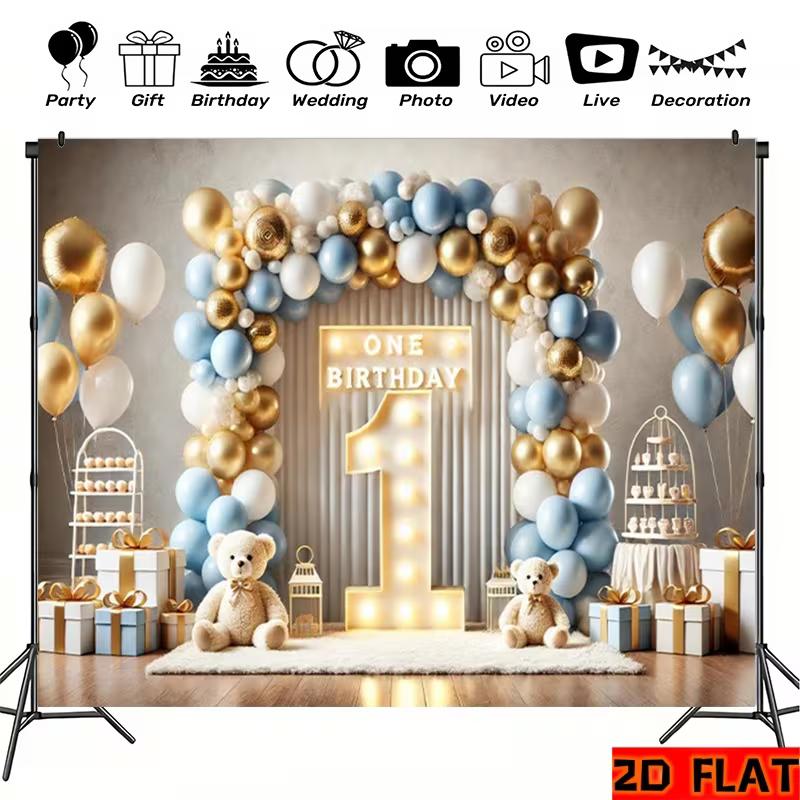 2D Neutral Blue Gold First Birthday Backdrop Banner Baby Boy Happy Birthday Party Decor Background