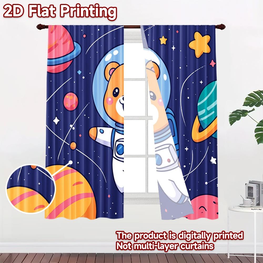 2D Flachdruck 2 Stück Fenstervorhänge Niedlicher Astronautenbär Weltraum Digital Bedruckt Polyester Vorhänge Saisonale Party- und Feiertagsdekoration