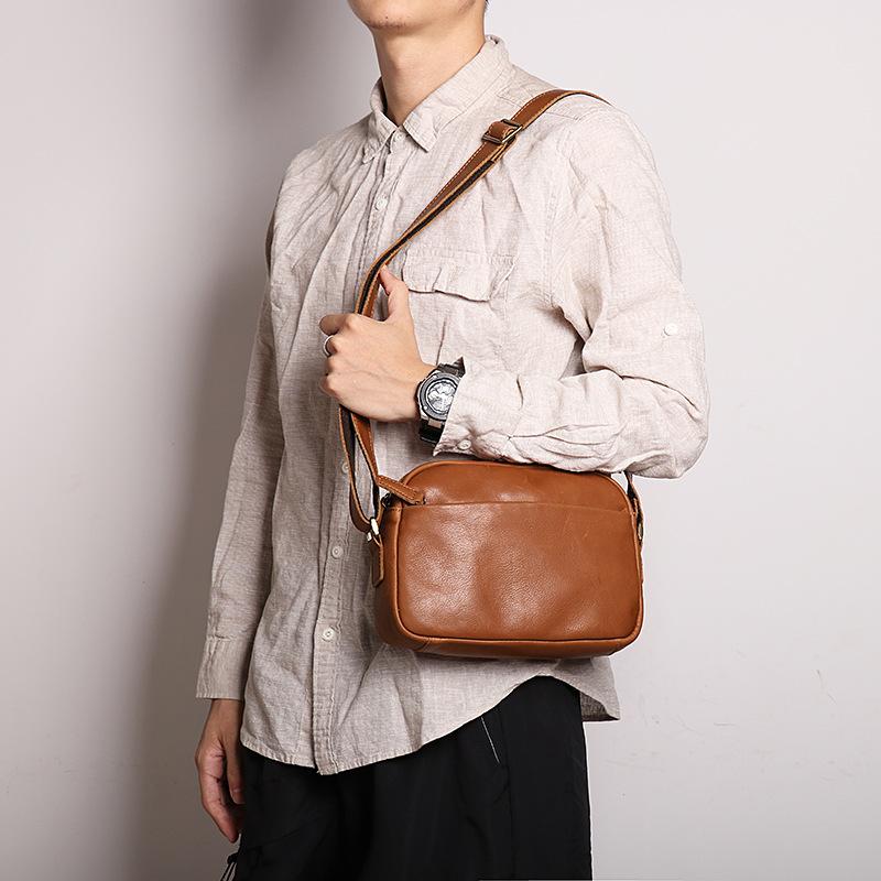 Stylish And Simple Leather Men'S Bag Men'S Cowhide Literary Small Shoulder Bag Women'S Oblique Span Small Square Bag