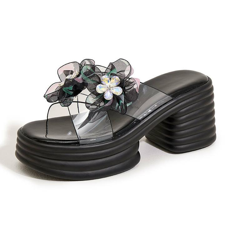 

Fashion 8CM High Platform Slippers Women 2025 Summer New Thick-soled Ladies High Heels Flower Beach Sandals Transparent PVC Flip Flops 34