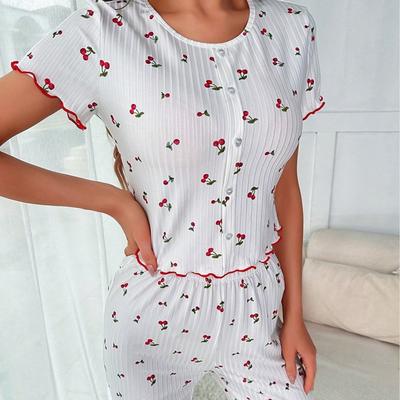 Damen Schlafanzug Homewear Rippstrick Kirschmuster Kurzarm Hosenanzug Damen