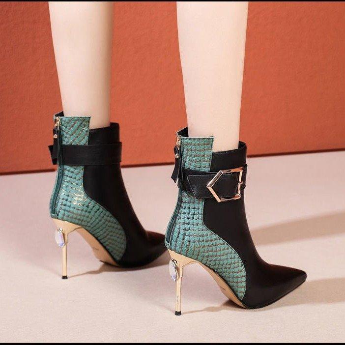 High Heel 8cm Winter Black Soft Leather Women's Boots Retro Belt Buckle Pointed Toe Boots Side Zipper High Heels Shoes for Women Party