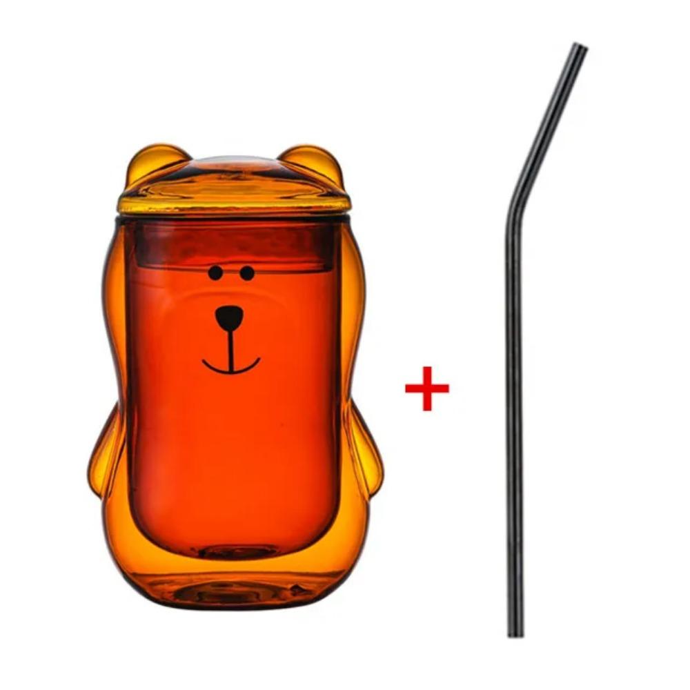 Tasse à café créative 300 ml avec couvercle en verre transparent, motif ours ambré, motif ours mignon