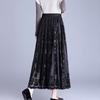 Women's Mesh Flocked Skirt Wide Flare High-Waisted Elastic Waist Gold Velvet Skirt A-line Pleated Skirt
