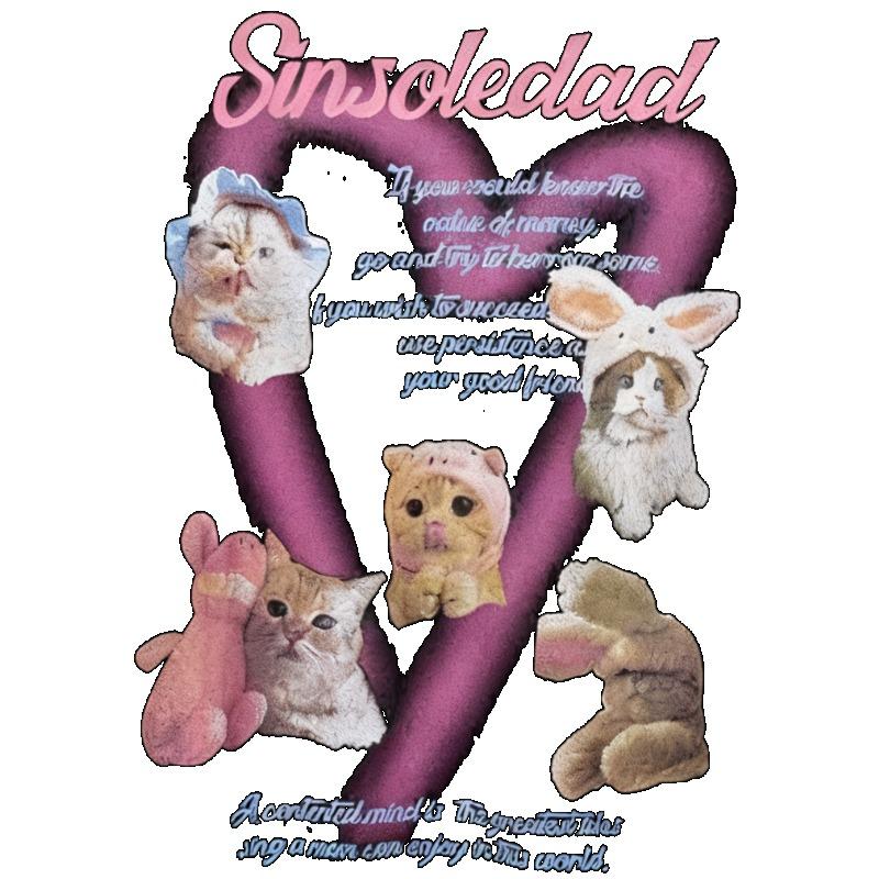 Oversized T Shirt Black Sinsoliedad Text And Cute Animal Characters Print Casual Streetwear For Women