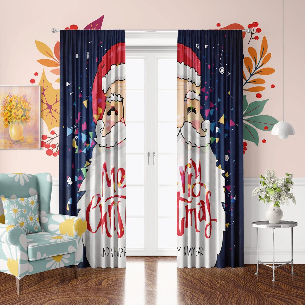 Set Of 2 White Beard Santa Claus Christmas Print Curtain Polyester Material Suitable Bedroom Living Room Study Ideal For Great