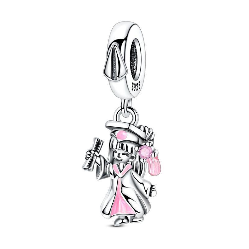 Copper Charms Campus Graduation Mortarboard Flower Beads Fit Original Bracelet Bangle Diy Pendant Fine Jewelry Gift