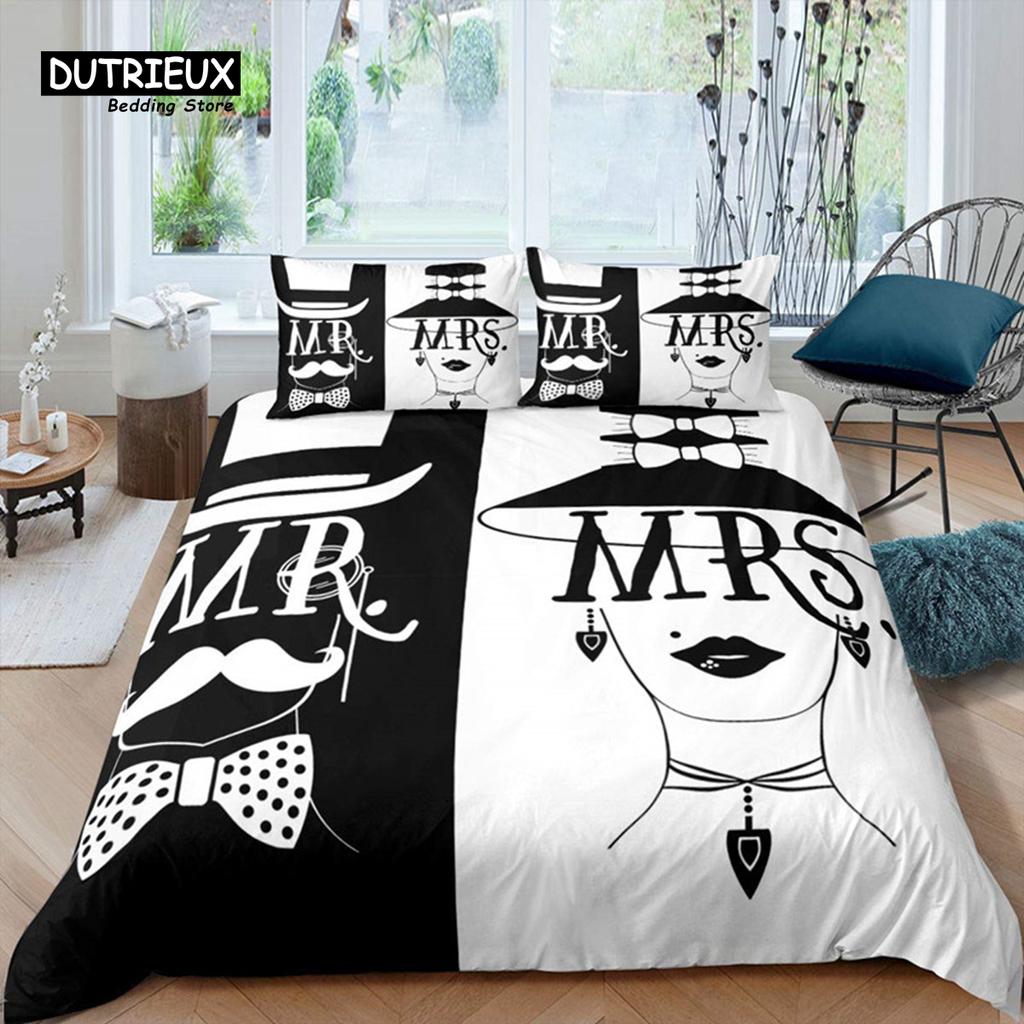 Mrs Mr Duvet Cover Romance Comforter Cover Microfiber White Bedding Set For Boys Girls Teens Adults Wedding Valentine Day Decor